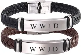 2 Pack Dainty Braided Leather WWJD Bracelet for Men Women Inspirational Religious Reminder Jewerly Gift for Him Her