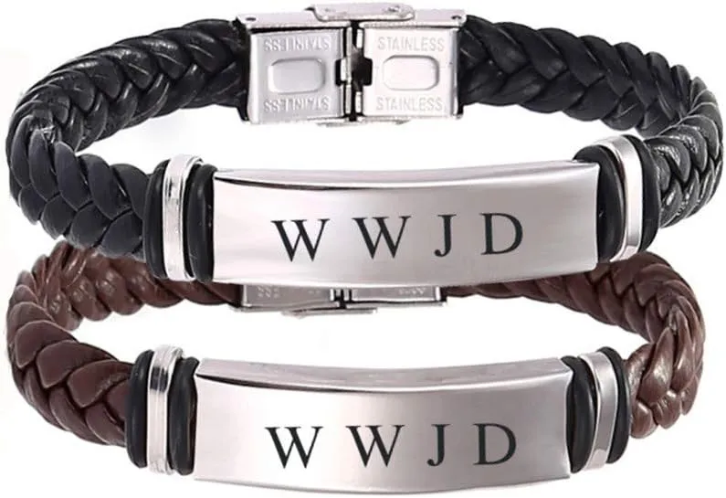 2 Pack Dainty Braided Leather WWJD Bracelet for Men Women Inspirational Religious Reminder Jewerly Gift for Him Her