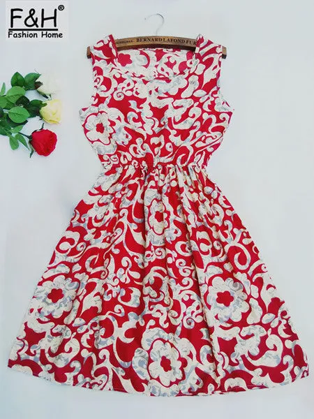 2017 New Women Dress Fashion Cute Love Florals Print Round Neck Sleeveless Chiffon Dress Femininas Saias S M L XL XXL