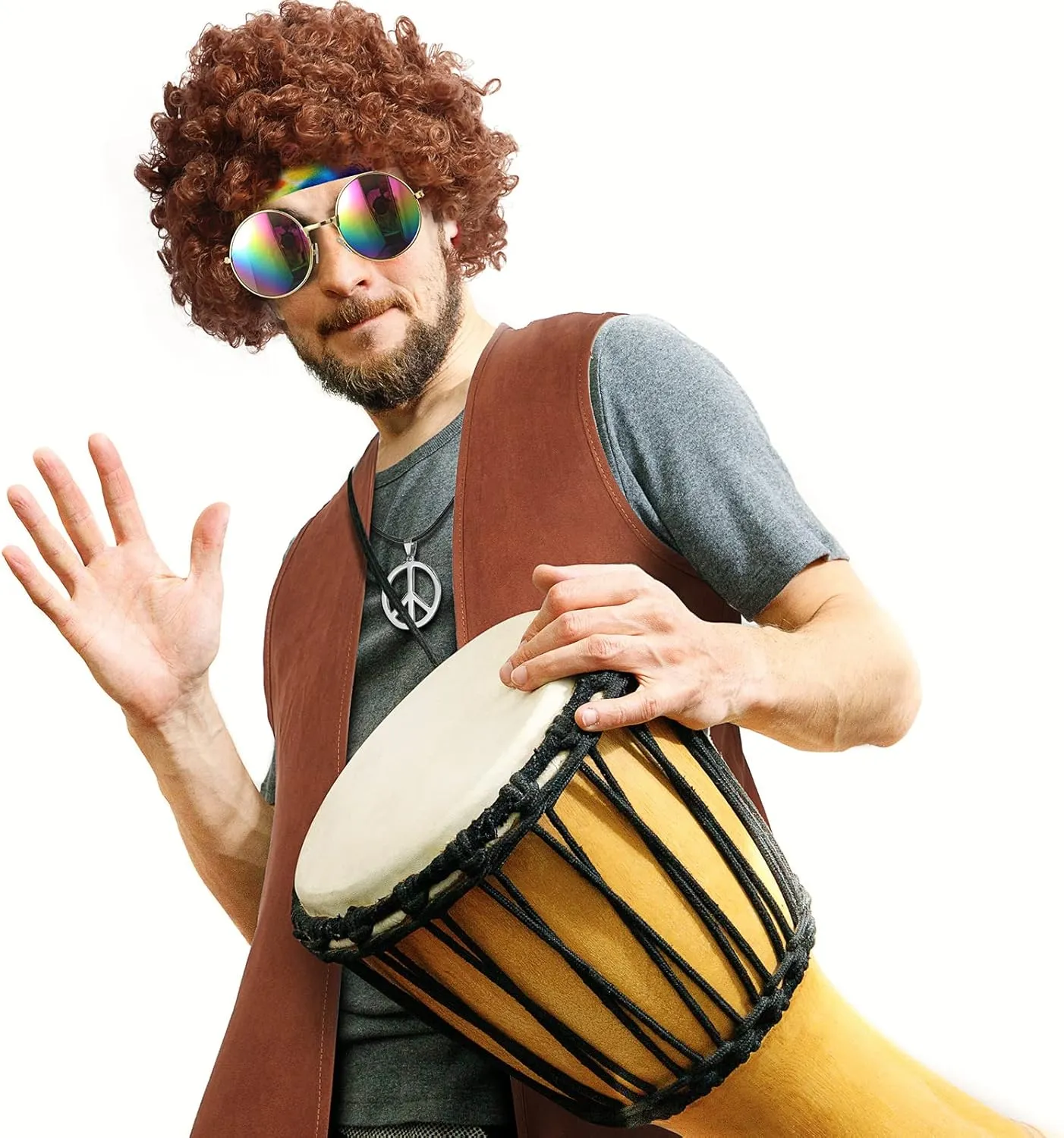 5 Pcs Hippie Men Costume Set 60 70s Hippie Fringe vest Wig Tie Dye Headband Accessories for Carnival Cosplay Party