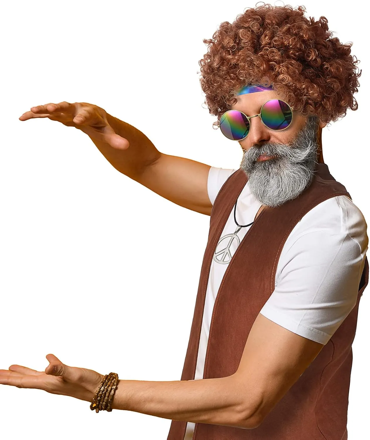 5 Pcs Hippie Men Costume Set 60 70s Hippie Fringe vest Wig Tie Dye Headband Accessories for Carnival Cosplay Party