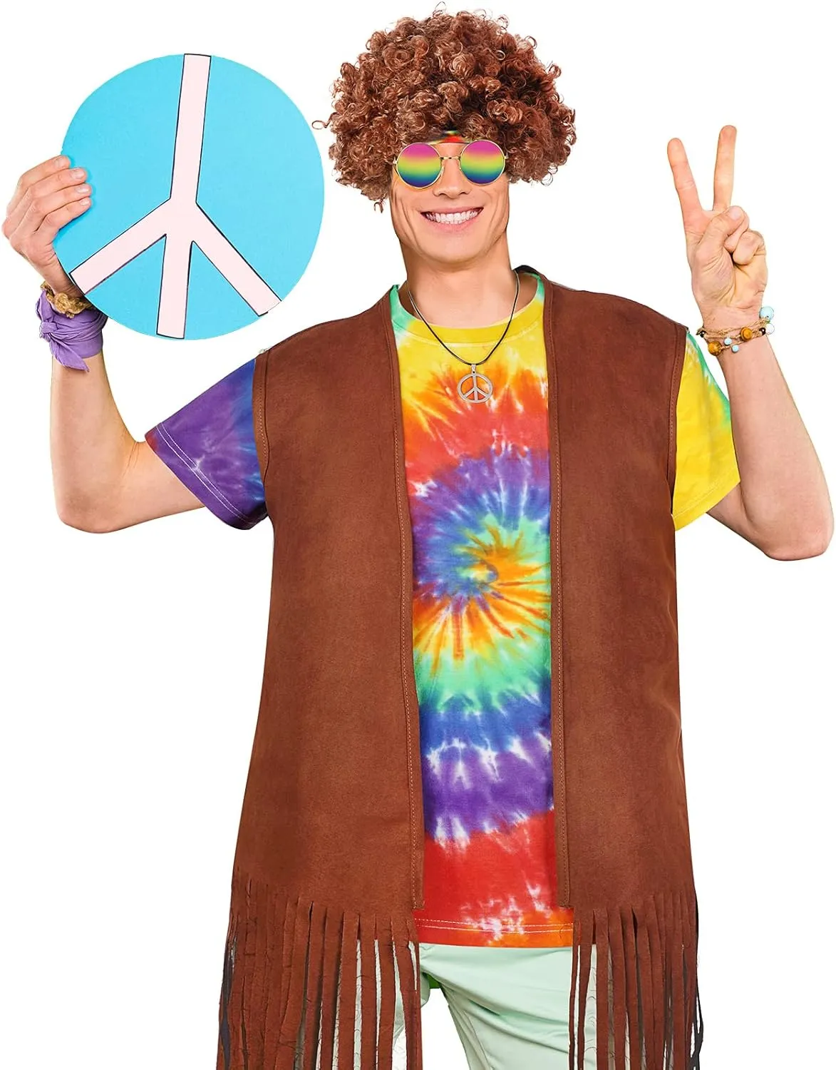 5 Pcs Hippie Men Costume Set 60 70s Hippie Fringe vest Wig Tie Dye Headband Accessories for Carnival Cosplay Party