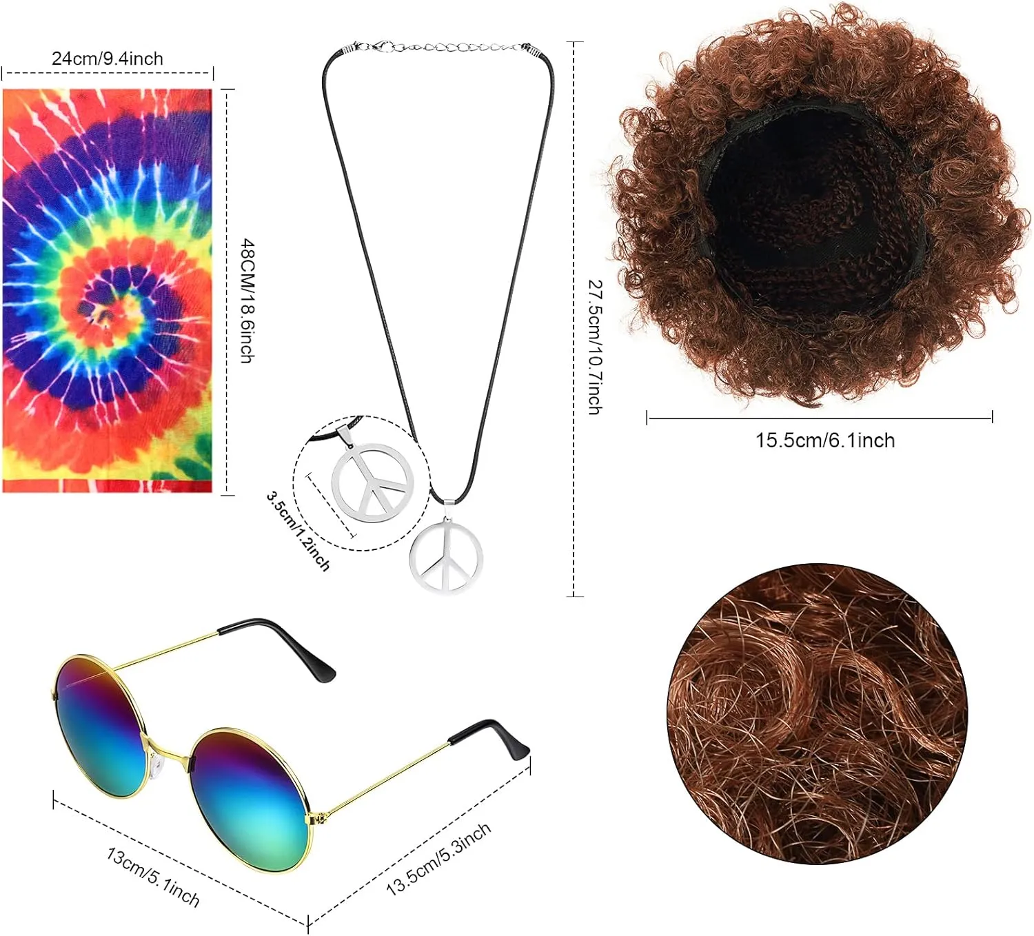 5 Pcs Hippie Men Costume Set 60 70s Hippie Fringe vest Wig Tie Dye Headband Accessories for Carnival Cosplay Party