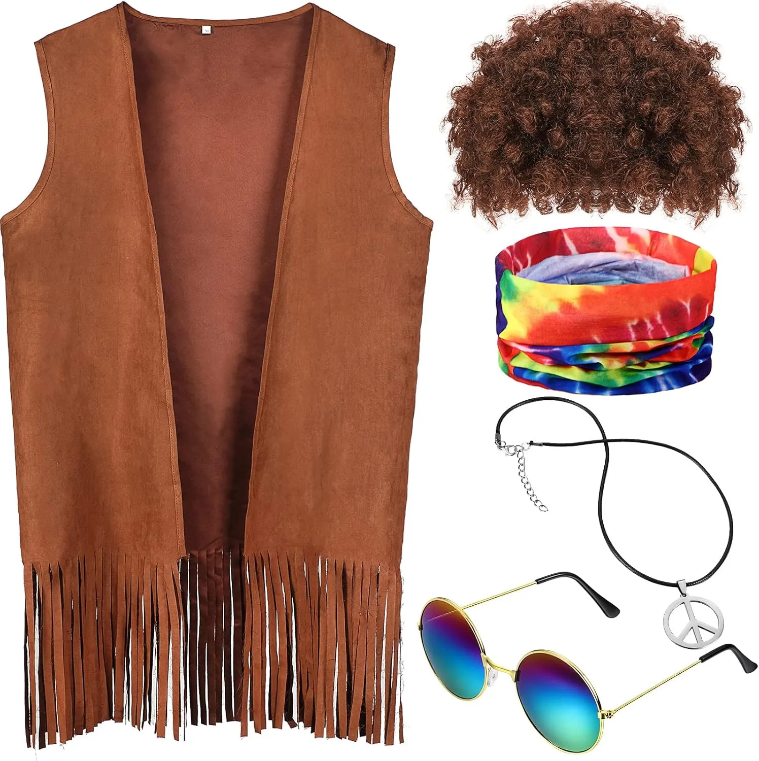 5 Pcs Hippie Men Costume Set 60 70s Hippie Fringe vest Wig Tie Dye Headband Accessories for Carnival Cosplay Party
