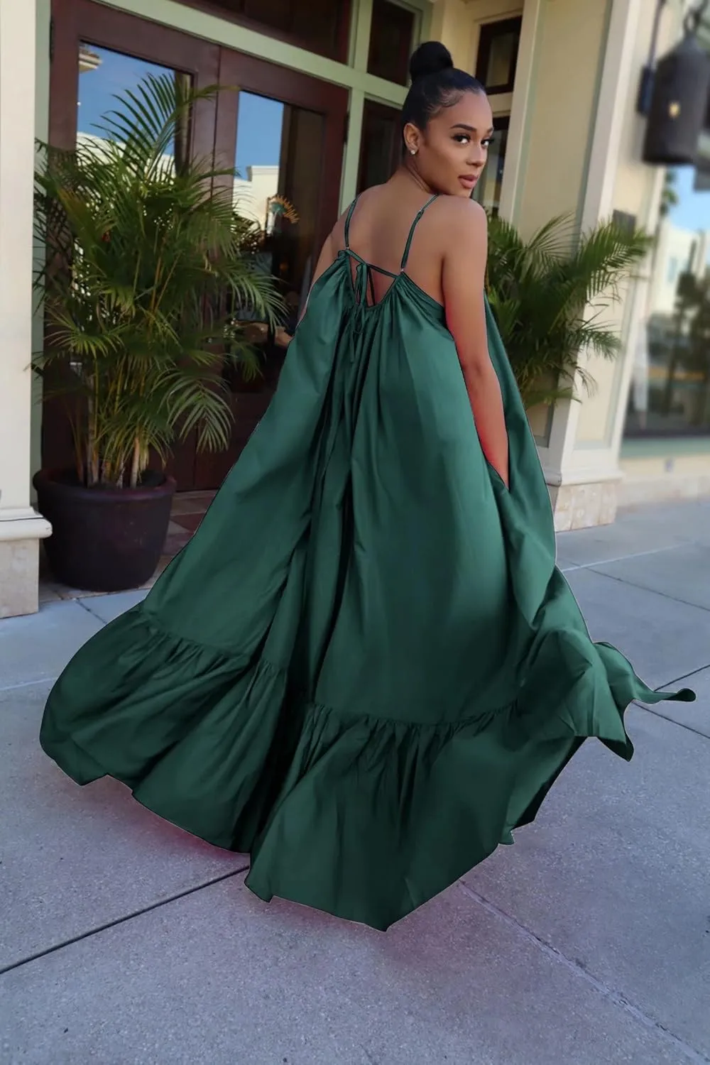 Adogirl Women's Sexy Spaghetti Strap Sleeveless Ruched Ruffle Hem Bandage Oversized Beach Loose Long Maxi Swing Dress