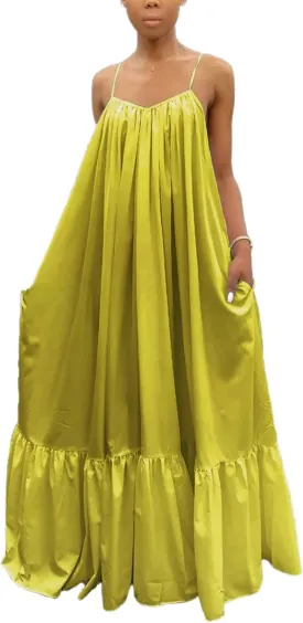 Adogirl Women's Sexy Spaghetti Strap Sleeveless Ruched Ruffle Hem Bandage Oversized Beach Loose Long Maxi Swing Dress