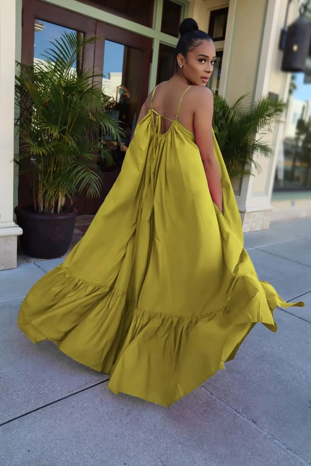 Adogirl Women's Sexy Spaghetti Strap Sleeveless Ruched Ruffle Hem Bandage Oversized Beach Loose Long Maxi Swing Dress