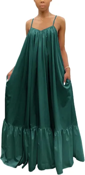 Adogirl Women's Sexy Spaghetti Strap Sleeveless Ruched Ruffle Hem Bandage Oversized Beach Loose Long Maxi Swing Dress