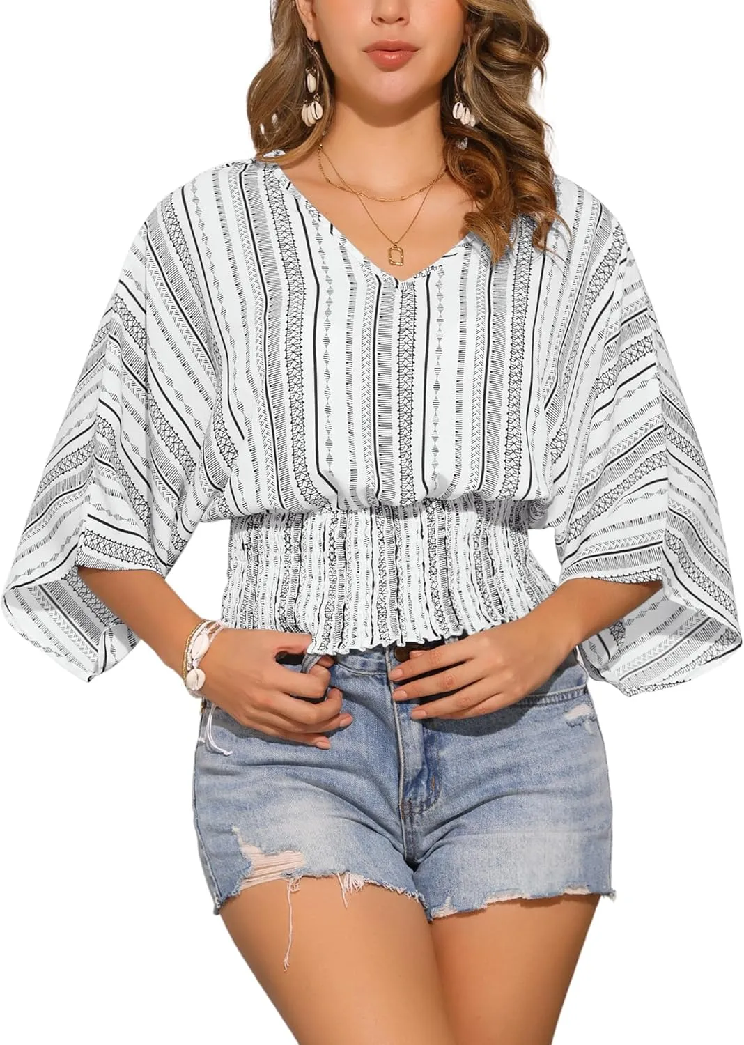 Allegra K Tops for Women's Summer Boho V Neck Print Chiffon Top Smocked Batwing Dolman Sleeve Blouses