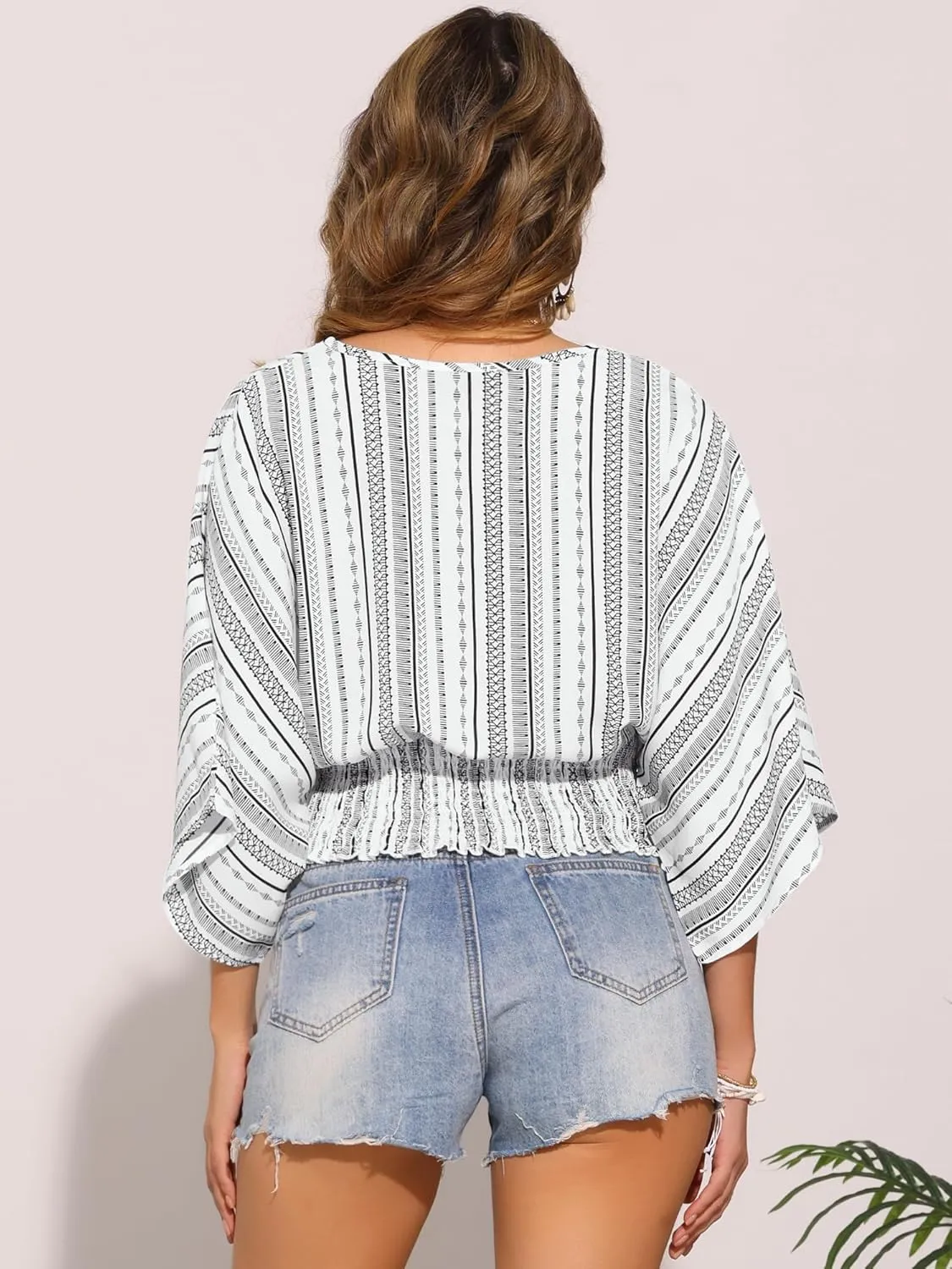 Allegra K Tops for Women's Summer Boho V Neck Print Chiffon Top Smocked Batwing Dolman Sleeve Blouses
