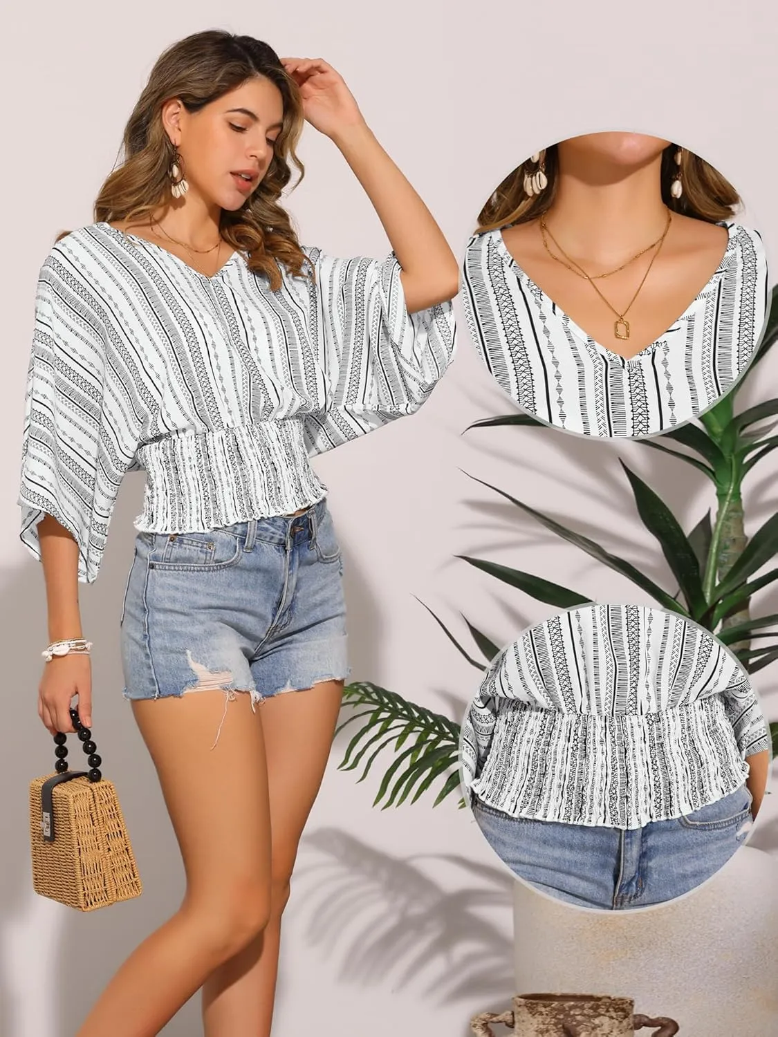 Allegra K Tops for Women's Summer Boho V Neck Print Chiffon Top Smocked Batwing Dolman Sleeve Blouses