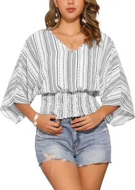 Allegra K Tops for Women's Summer Boho V Neck Print Chiffon Top Smocked Batwing Dolman Sleeve Blouses