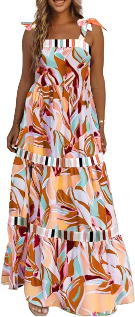 AlvaQ Women's 2025 Summer Sleeveless Floral Print Maxi Dress Strap Square Neck Beach Sun Dress