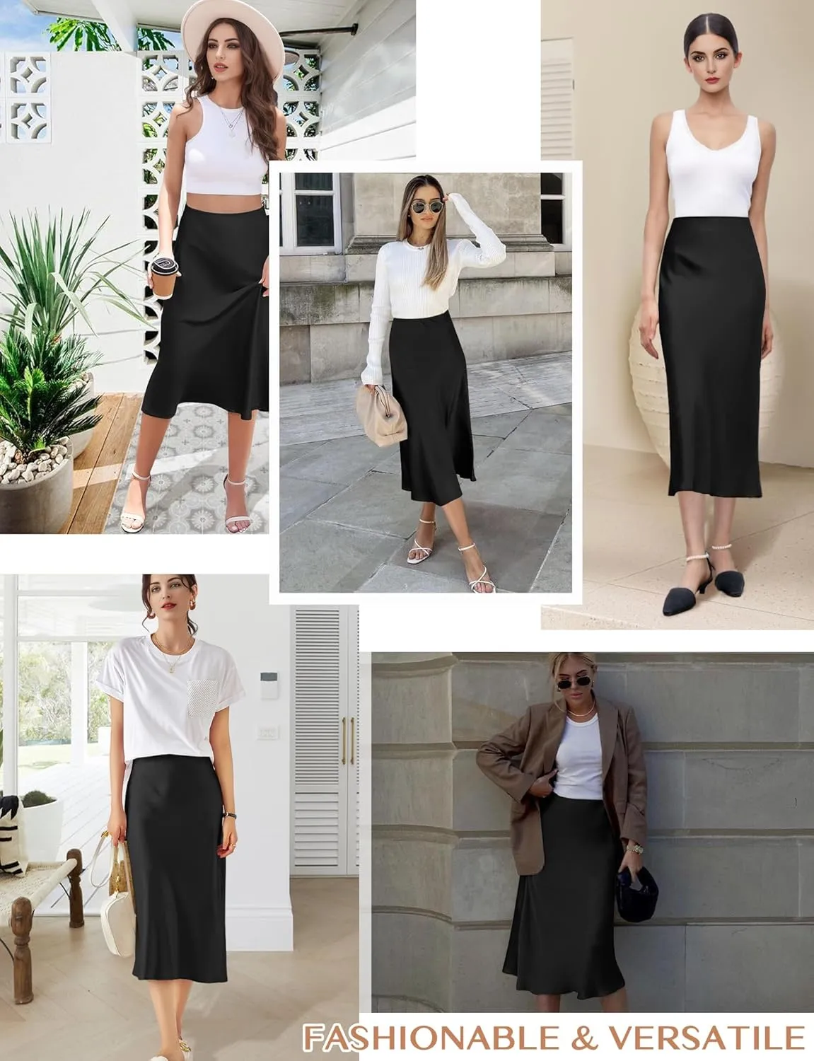 AURUZA Satin Midi Skirts for Women, Black Long Skirt with Hidden Elasticized Waistband, High Waisted Flared A-line Silk Dress