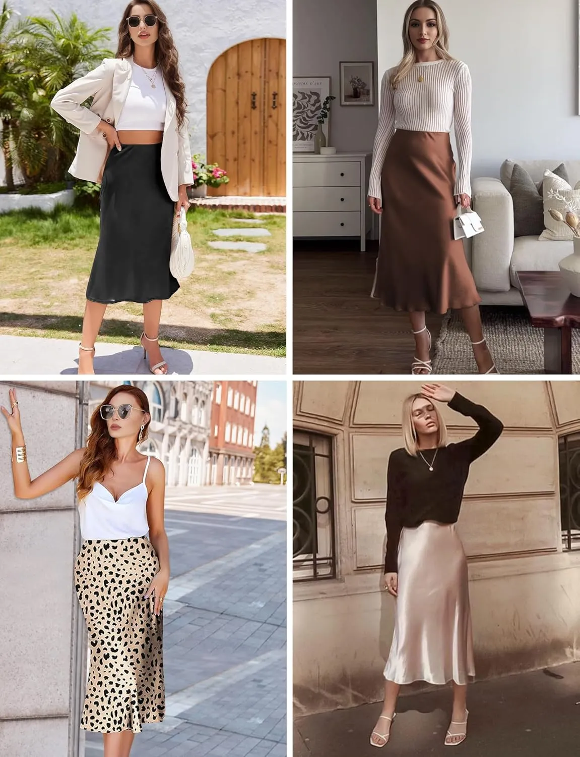 AURUZA Satin Midi Skirts for Women, Black Long Skirt with Hidden Elasticized Waistband, High Waisted Flared A-line Silk Dress