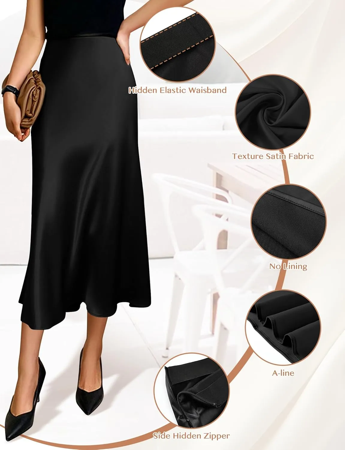 AURUZA Satin Midi Skirts for Women, Black Long Skirt with Hidden Elasticized Waistband, High Waisted Flared A-line Silk Dress
