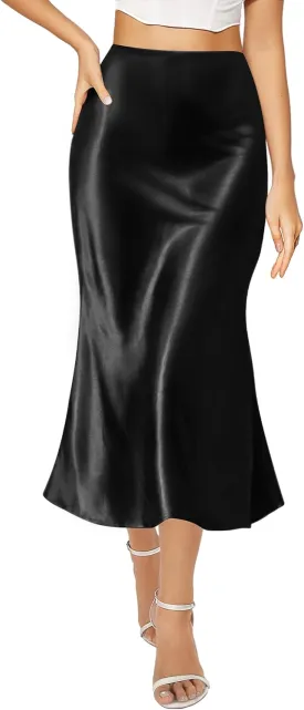 AURUZA Satin Midi Skirts for Women, Black Long Skirt with Hidden Elasticized Waistband, High Waisted Flared A-line Silk Dress