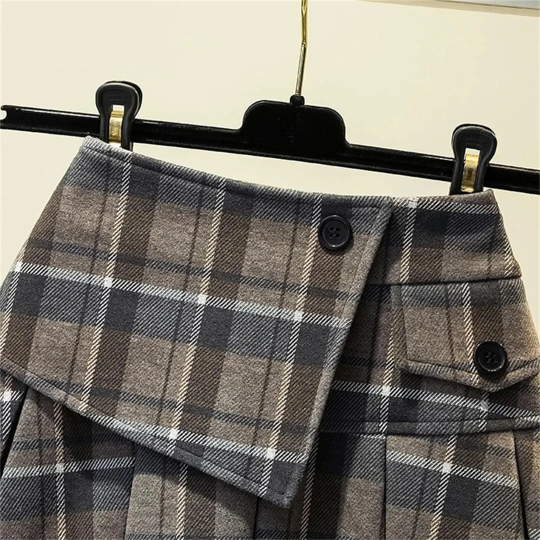 Autumn Winter Women's Mini Skirts Korean Plaid Print Pleated Skirts Wool Blends Skirt Bottoms