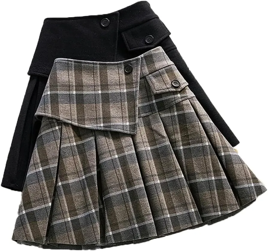 Autumn Winter Women's Mini Skirts Korean Plaid Print Pleated Skirts Wool Blends Skirt Bottoms