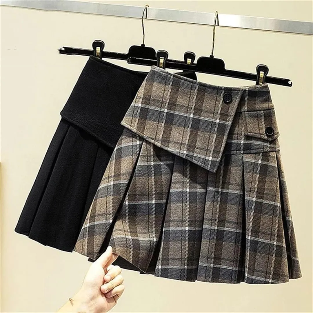 Autumn Winter Women's Mini Skirts Korean Plaid Print Pleated Skirts Wool Blends Skirt Bottoms