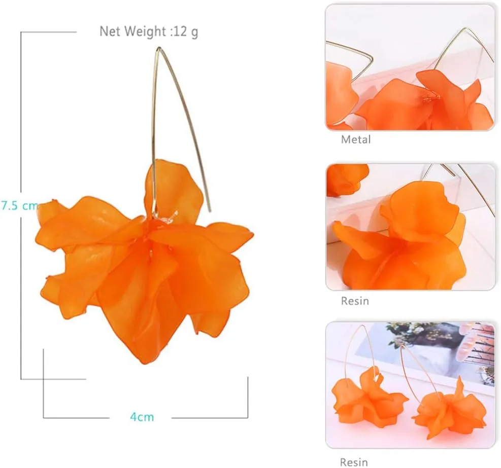 Boho Rose Petal Dangle Resin Earrings - Long Drop Acrylic Tiered Flower Earrings - Statement Exaggerated Floral Tassel Earrings for Women and Girls