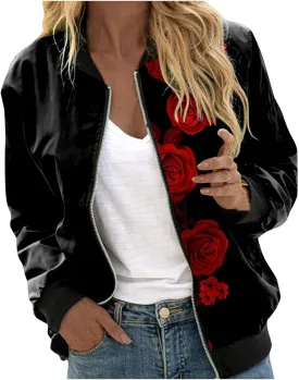 Bomber Jackets for Women Color Block Lightweight Zip Up Outwear Tops Windbreaker with Pocket Trendy Clothes Fashion Outfits