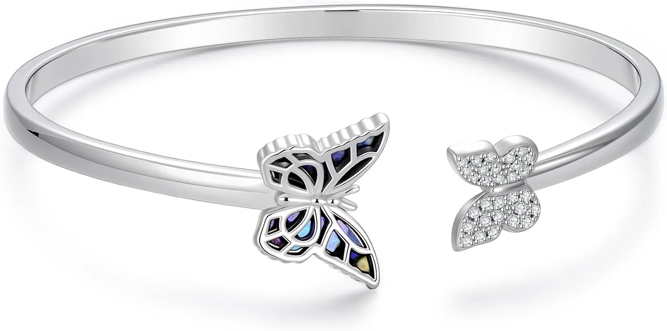 Butterfly Cuff Bracelet for Women 925 Sterling Silver Abalone Shell Jewelry Elegant Butterfly Adjustable Open Bangle Birthday Gift for Her