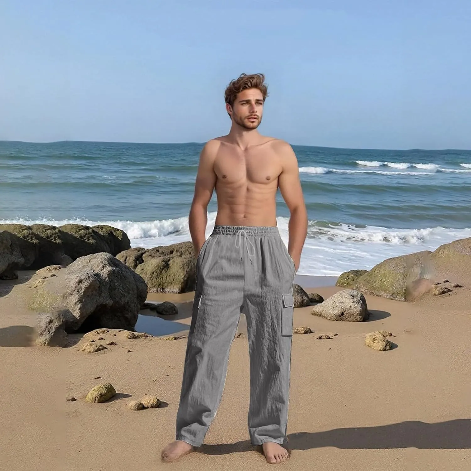 Cargo Linen Pants Men Drawstring Elastic Waist Baggy Summer Pants Lightweight Beach Yoga Lounge Pant with Pockets