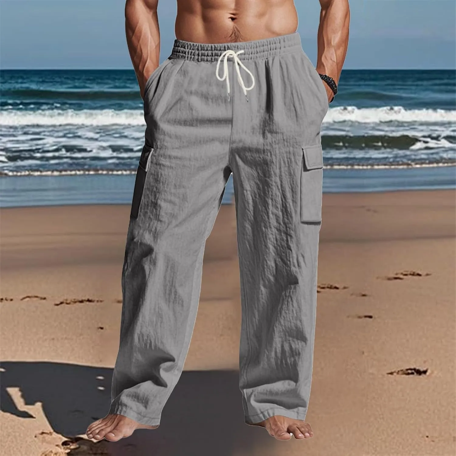 Cargo Linen Pants Men Drawstring Elastic Waist Baggy Summer Pants Lightweight Beach Yoga Lounge Pant with Pockets