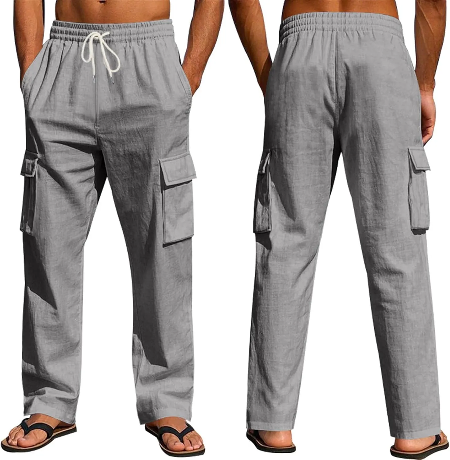 Cargo Linen Pants Men Drawstring Elastic Waist Baggy Summer Pants Lightweight Beach Yoga Lounge Pant with Pockets