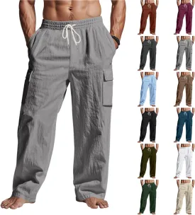 Cargo Linen Pants Men Drawstring Elastic Waist Baggy Summer Pants Lightweight Beach Yoga Lounge Pant with Pockets