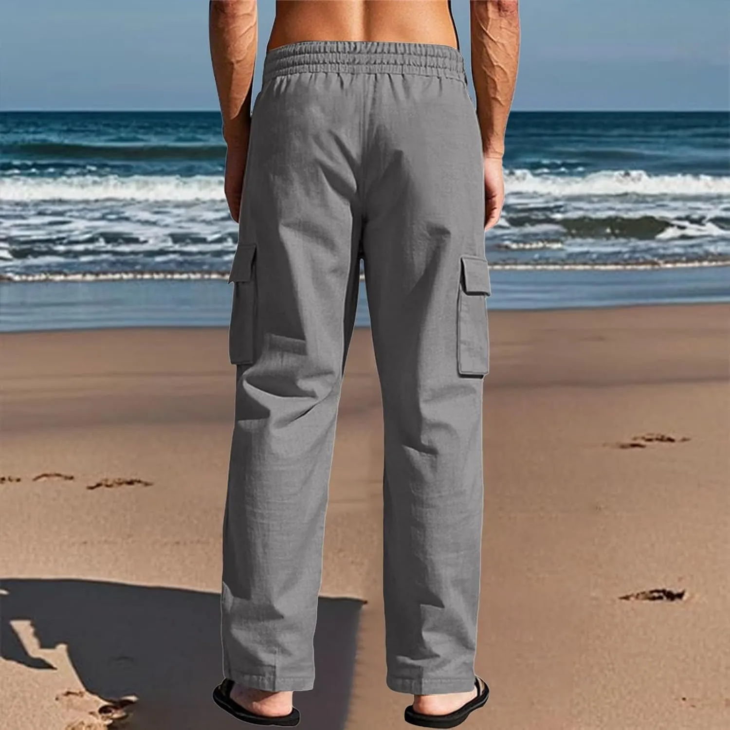 Cargo Linen Pants Men Drawstring Elastic Waist Baggy Summer Pants Lightweight Beach Yoga Lounge Pant with Pockets