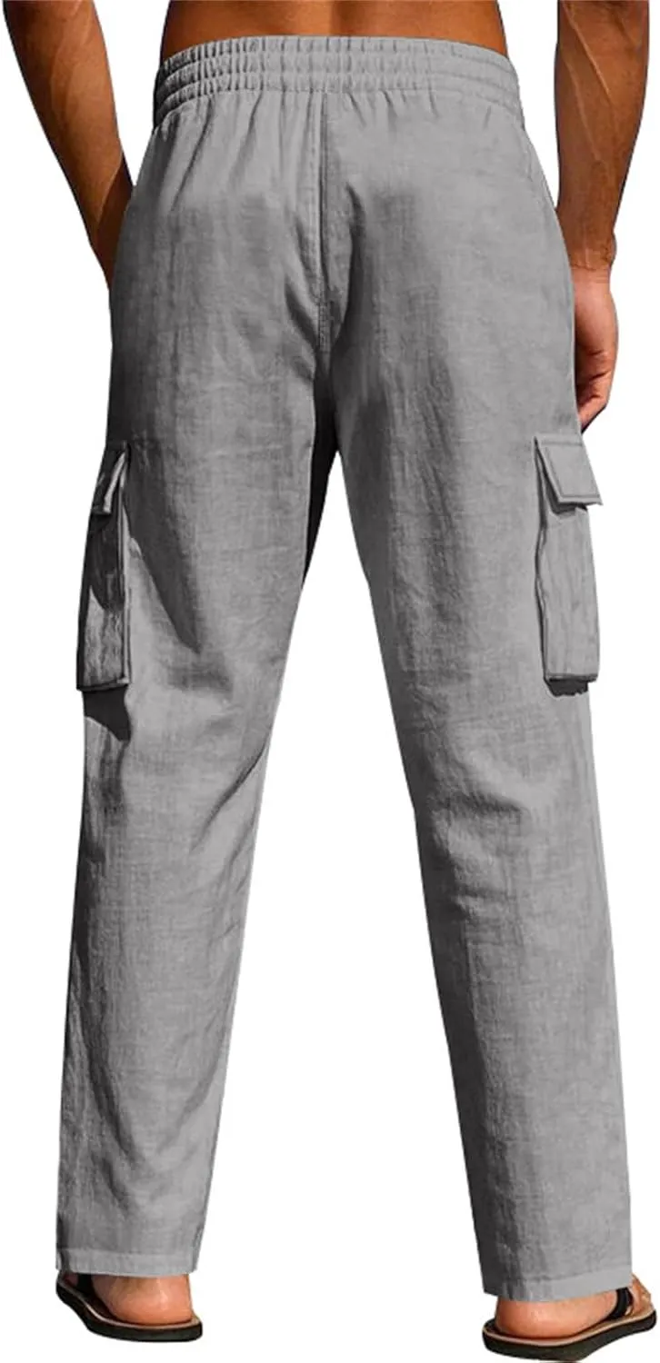 Cargo Linen Pants Men Drawstring Elastic Waist Baggy Summer Pants Lightweight Beach Yoga Lounge Pant with Pockets