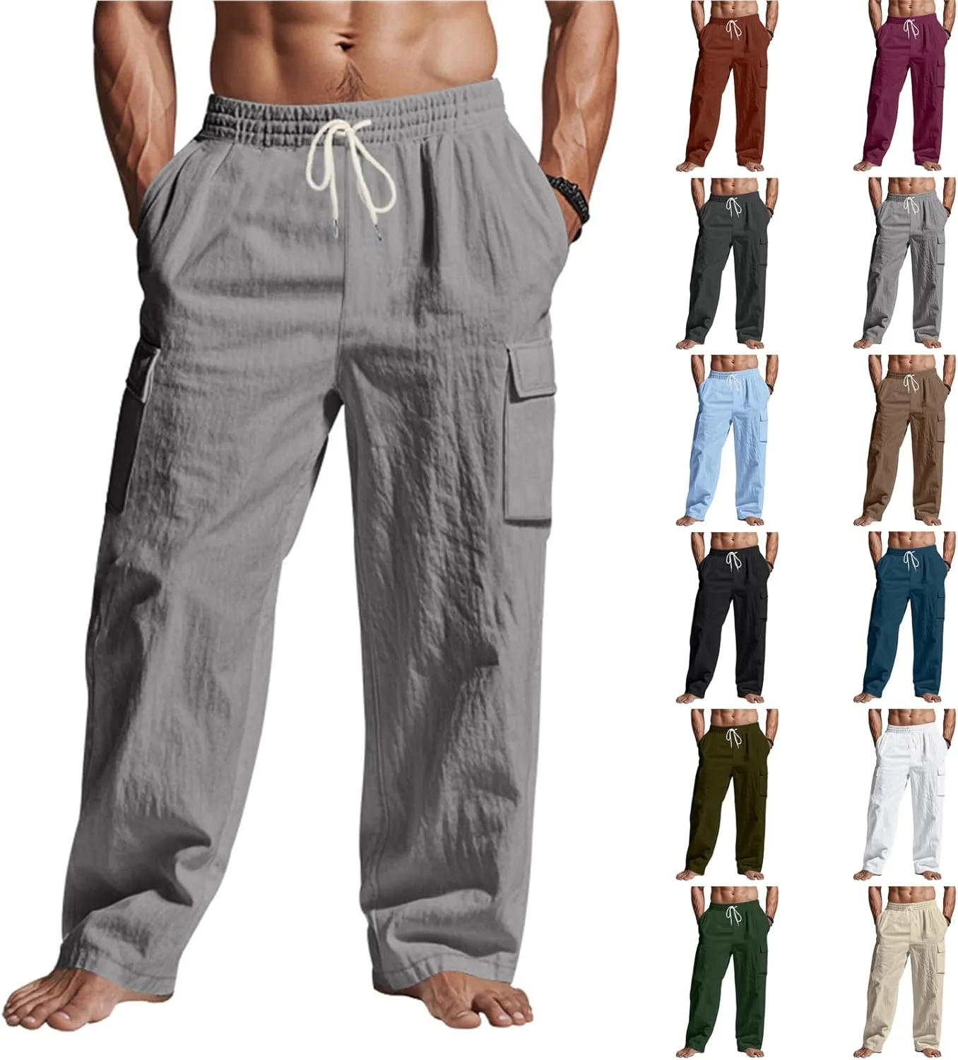 Cargo Linen Pants Men Drawstring Elastic Waist Baggy Summer Pants Lightweight Beach Yoga Lounge Pant with Pockets