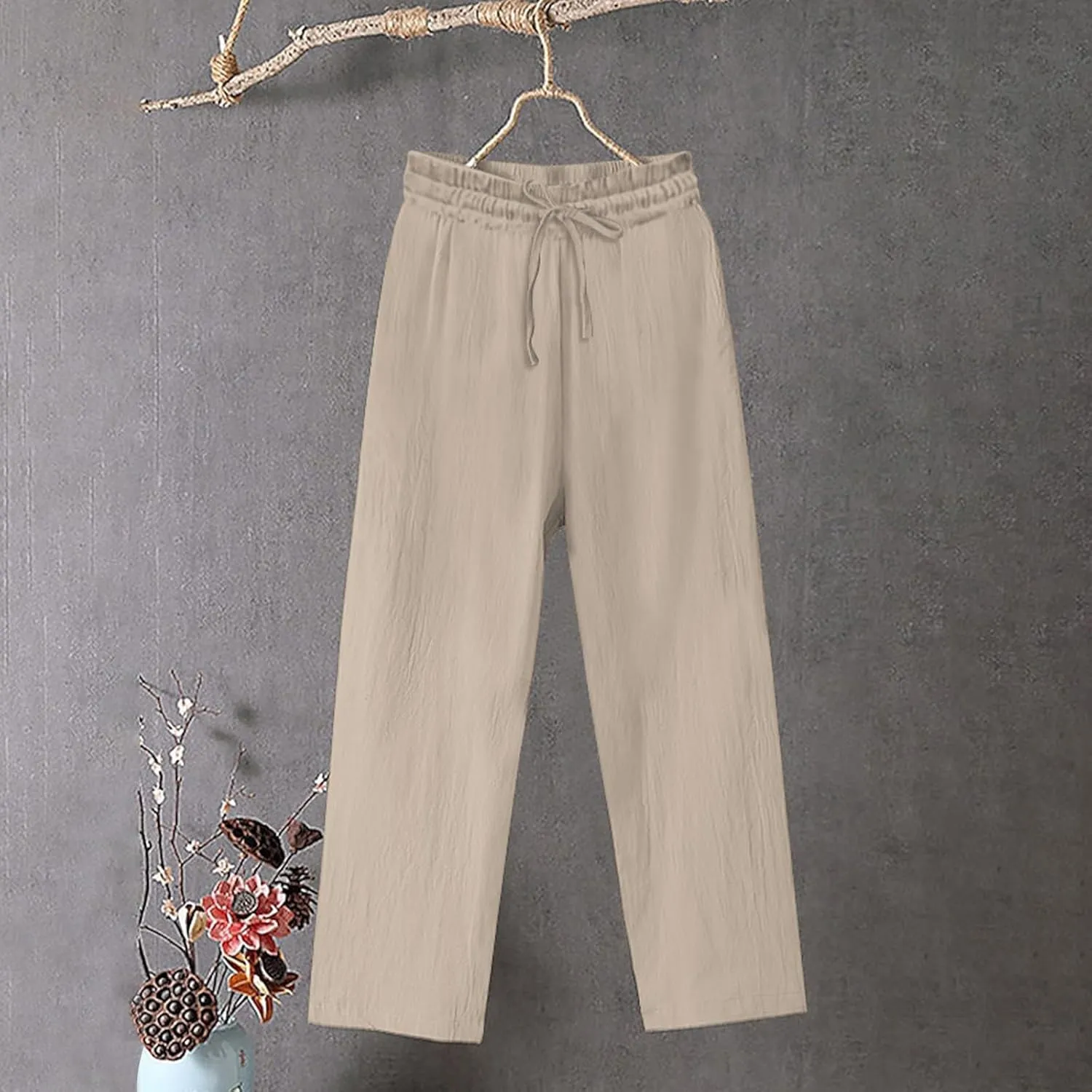 Cotton Linen Wide Leg Pants for Women High Waisted Slacks Lounge Baggy Flowy Palazzo Pants Casual Beach Trousers