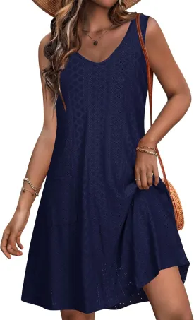 elescat Sundresses for Women Summer Beach V Neck Sleeveless Dress Swimsuit Coverup with Pockets