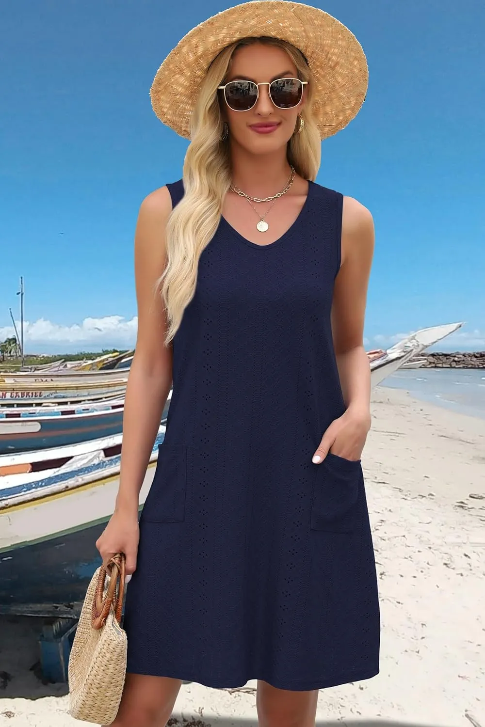 elescat Sundresses for Women Summer Beach V Neck Sleeveless Dress Swimsuit Coverup with Pockets