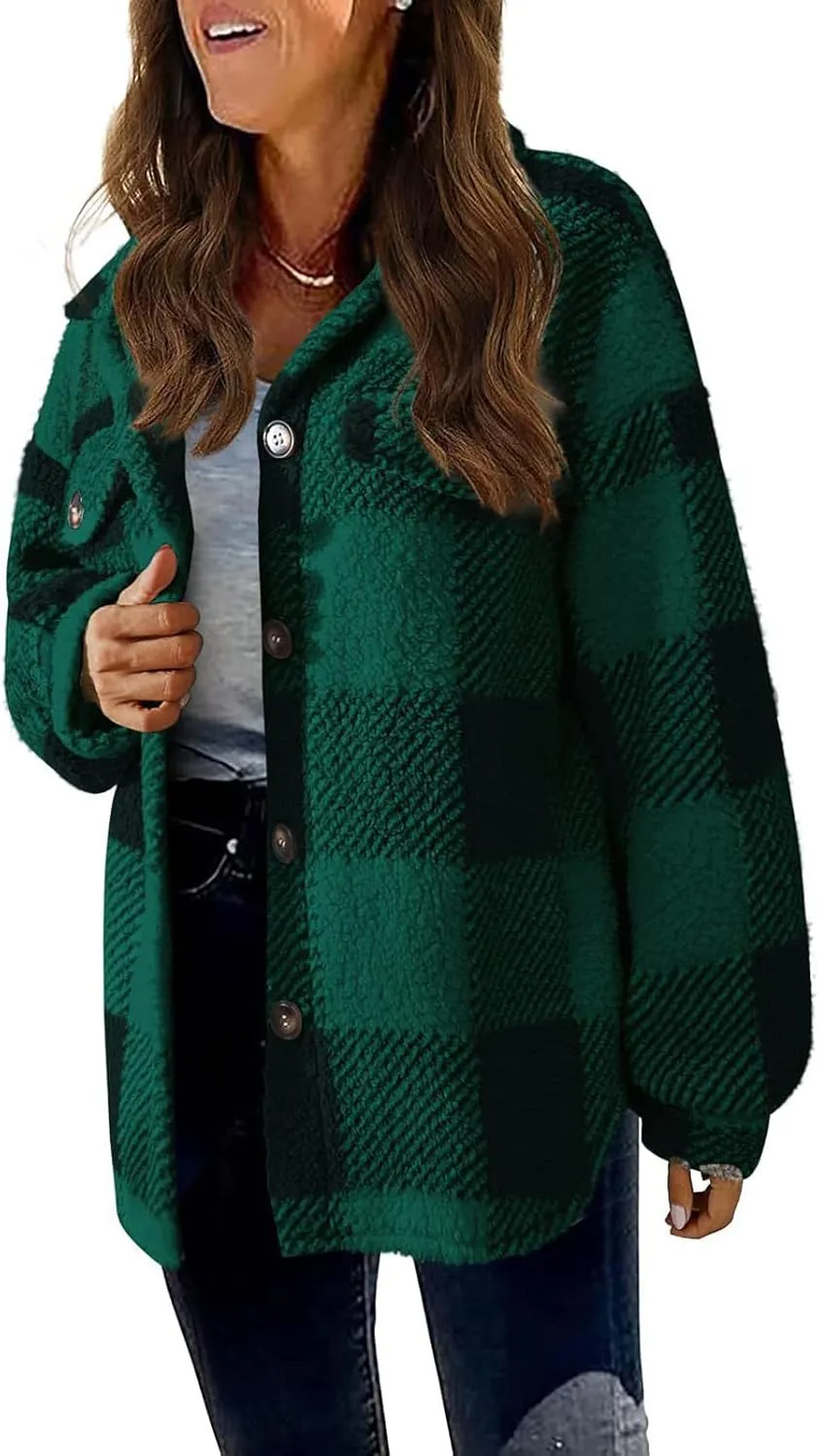 Flannel Jacket Women Button Down Sherpa Fleece Jacket Plus Size Plaid Shacket Soft Fluffy Fuzzy Sweater Outerwear