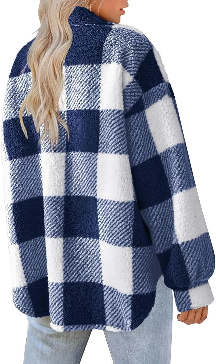 Flannel Jacket Women Button Down Sherpa Fleece Jacket Plus Size Plaid Shacket Soft Fluffy Fuzzy Sweater Outerwear