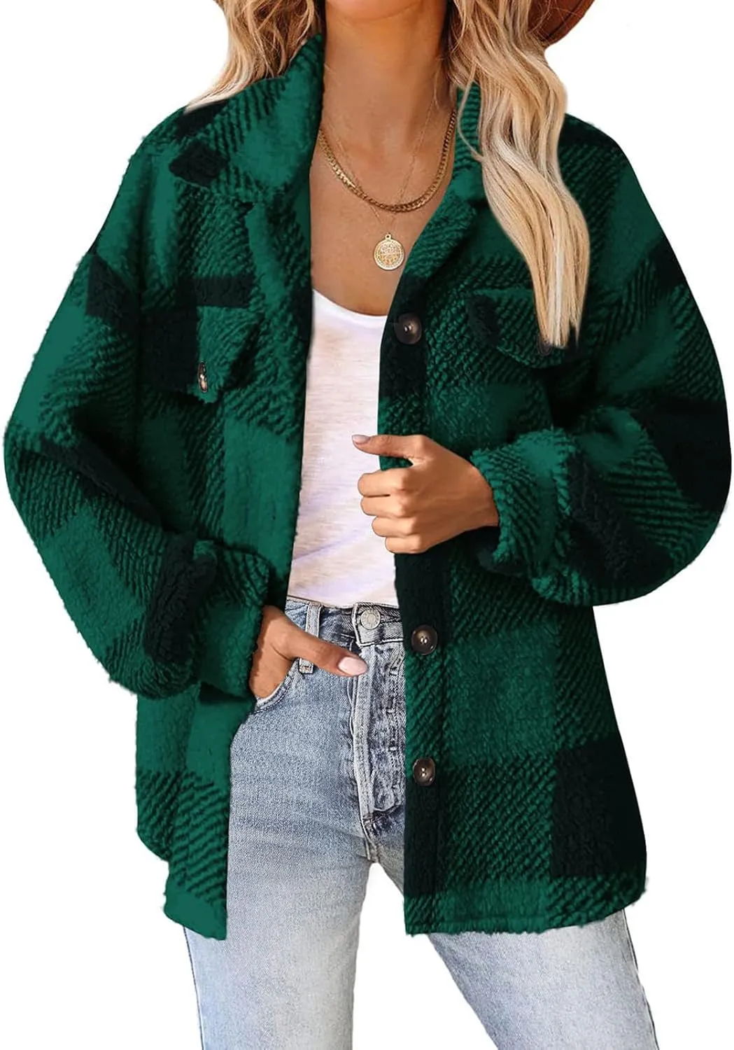 Flannel Jacket Women Button Down Sherpa Fleece Jacket Plus Size Plaid Shacket Soft Fluffy Fuzzy Sweater Outerwear