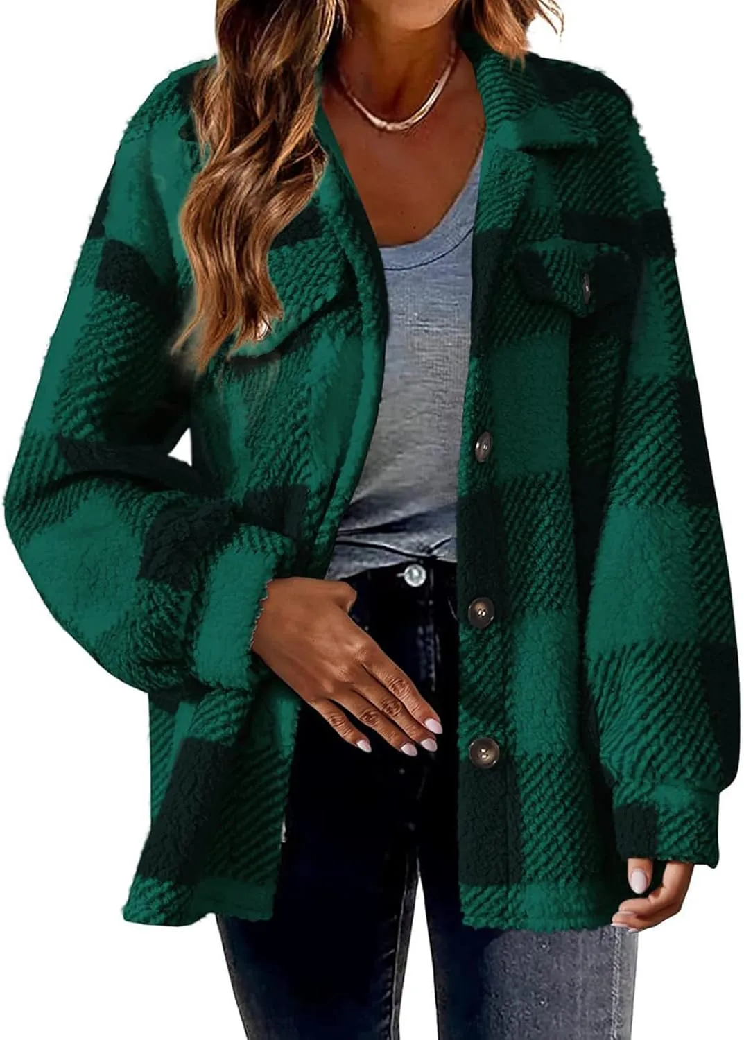 Flannel Jacket Women Button Down Sherpa Fleece Jacket Plus Size Plaid Shacket Soft Fluffy Fuzzy Sweater Outerwear