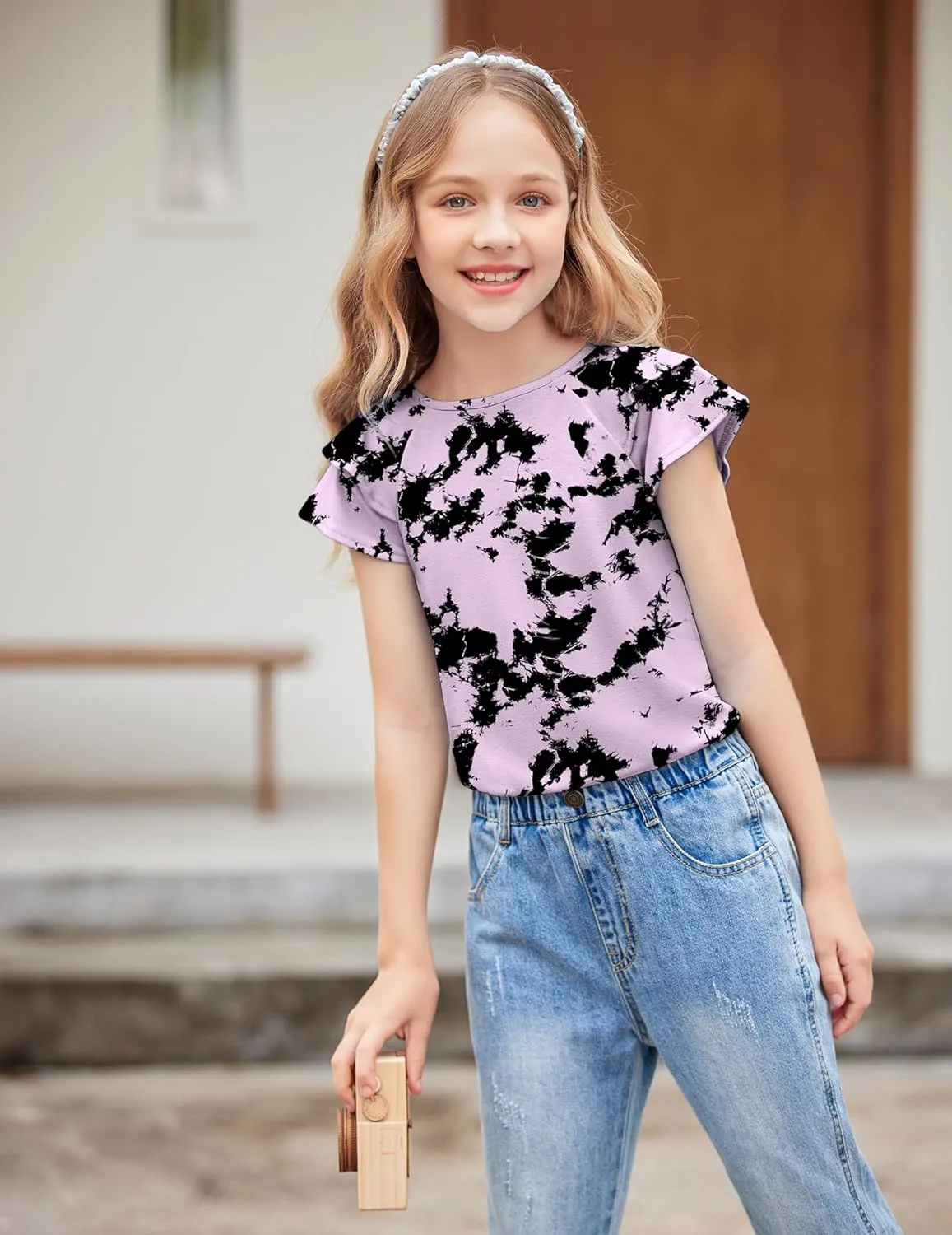 Girls T Shirts Ruffle Short Sleeve Round Neck Loose Blouse Summer Solid Color Casual Girl Tee Tops for 3-12 Years