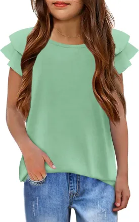 Girls T Shirts Ruffle Short Sleeve Round Neck Loose Blouse Summer Solid Color Casual Girl Tee Tops for 3-12 Years