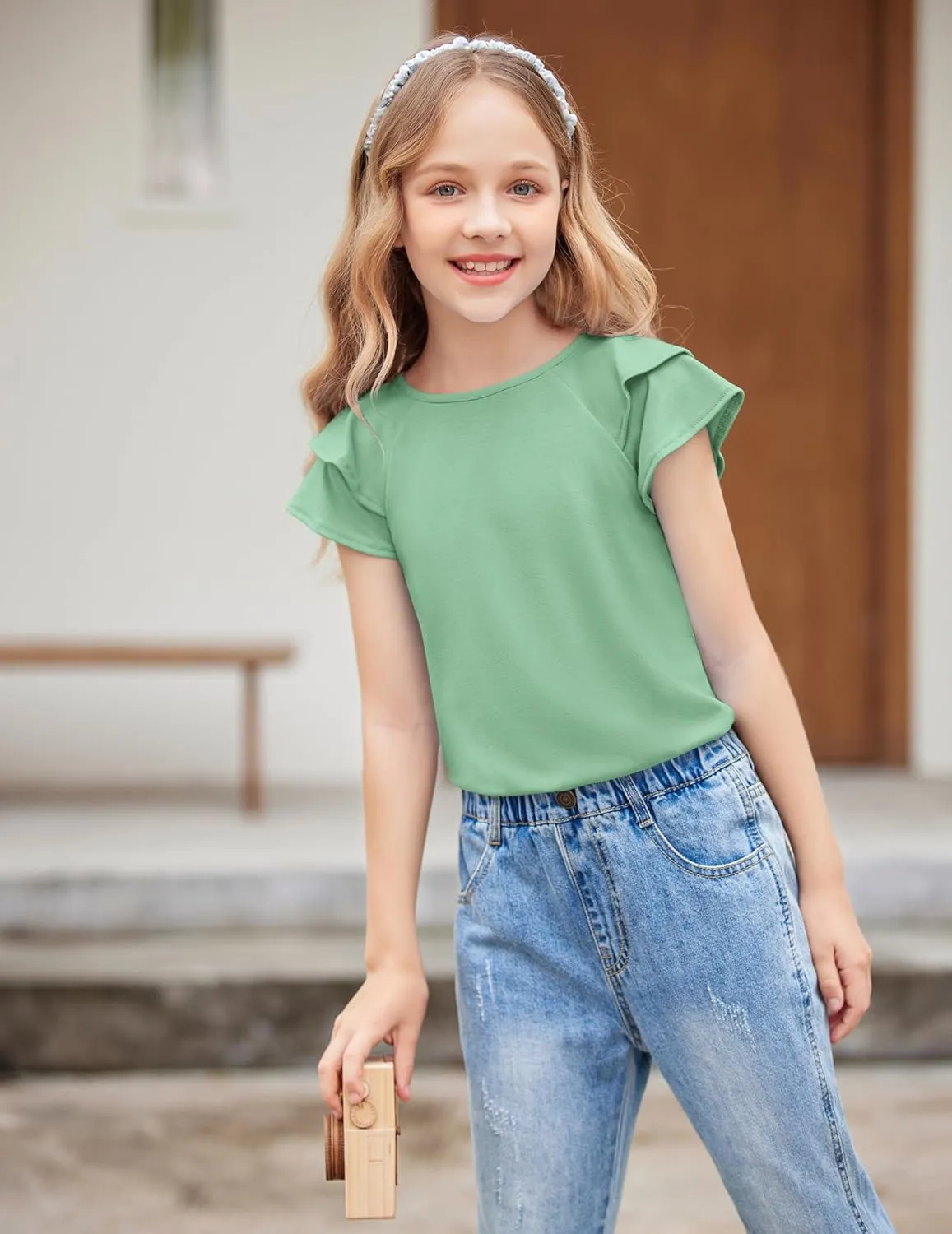Girls T Shirts Ruffle Short Sleeve Round Neck Loose Blouse Summer Solid Color Casual Girl Tee Tops for 3-12 Years