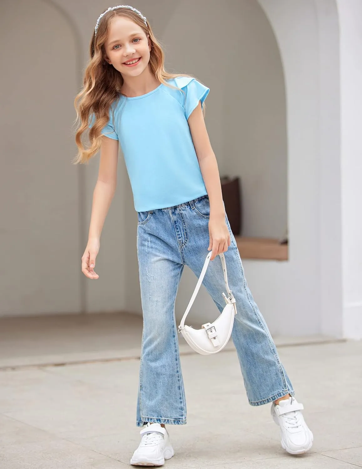 Girls T Shirts Ruffle Short Sleeve Round Neck Loose Blouse Summer Solid Color Casual Girl Tee Tops for 3-12 Years