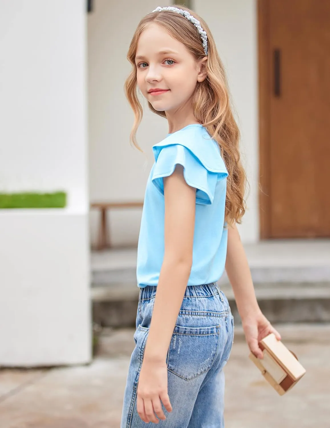 Girls T Shirts Ruffle Short Sleeve Round Neck Loose Blouse Summer Solid Color Casual Girl Tee Tops for 3-12 Years