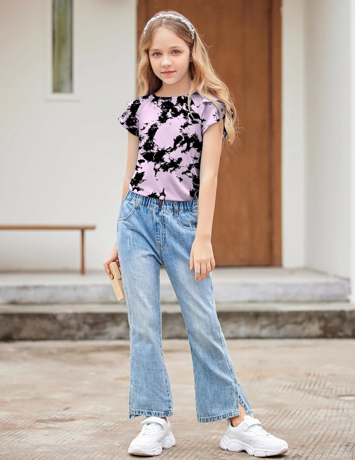 Girls T Shirts Ruffle Short Sleeve Round Neck Loose Blouse Summer Solid Color Casual Girl Tee Tops for 3-12 Years