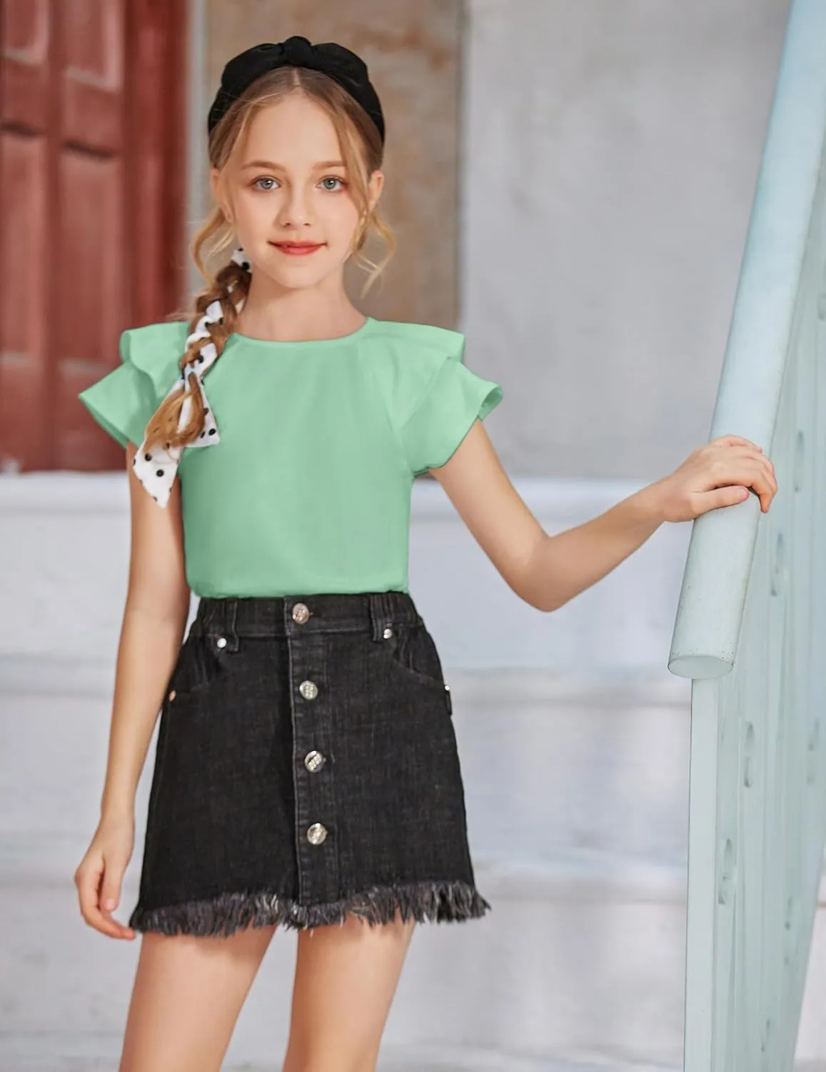 Girls T Shirts Ruffle Short Sleeve Round Neck Loose Blouse Summer Solid Color Casual Girl Tee Tops for 3-12 Years