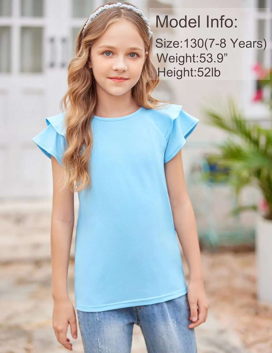 Girls T Shirts Ruffle Short Sleeve Round Neck Loose Blouse Summer Solid Color Casual Girl Tee Tops for 3-12 Years