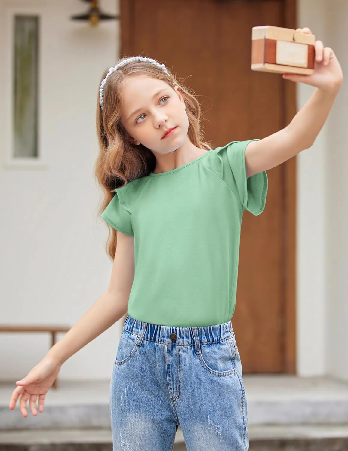 Girls T Shirts Ruffle Short Sleeve Round Neck Loose Blouse Summer Solid Color Casual Girl Tee Tops for 3-12 Years